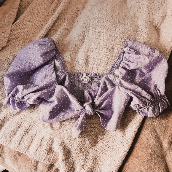 For Love And Lemons Tops - For love and lemons Chelsea puff sleeve purple polka dot tie front top